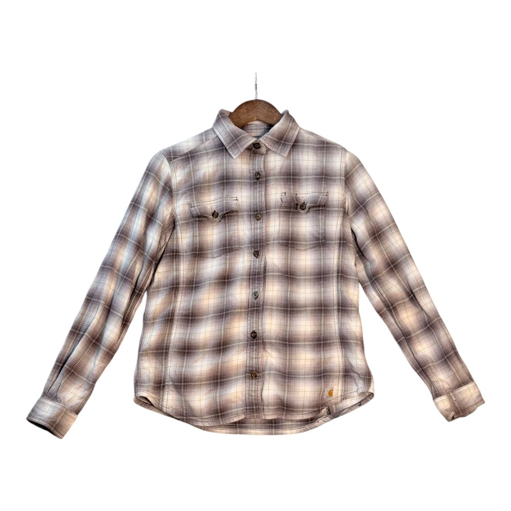 Carhartt Womens Flannel Shirt S Brown Plaid Button Up Long Sleeve Outdoors Cozy - Picture 1 of 8